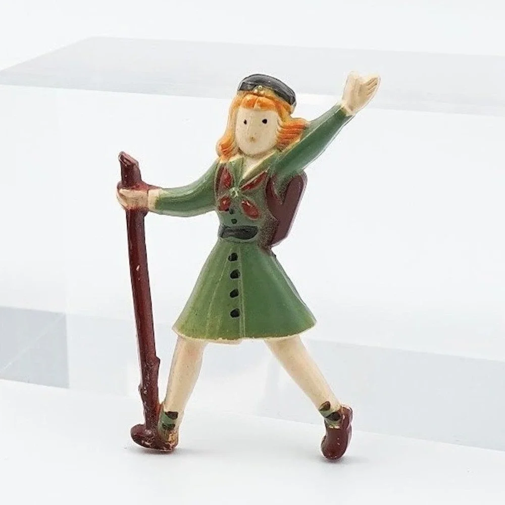 VTG 1940 Girl Scout Hiking Pin Clip Brooch Hand Painted Figural Plastic Novelty